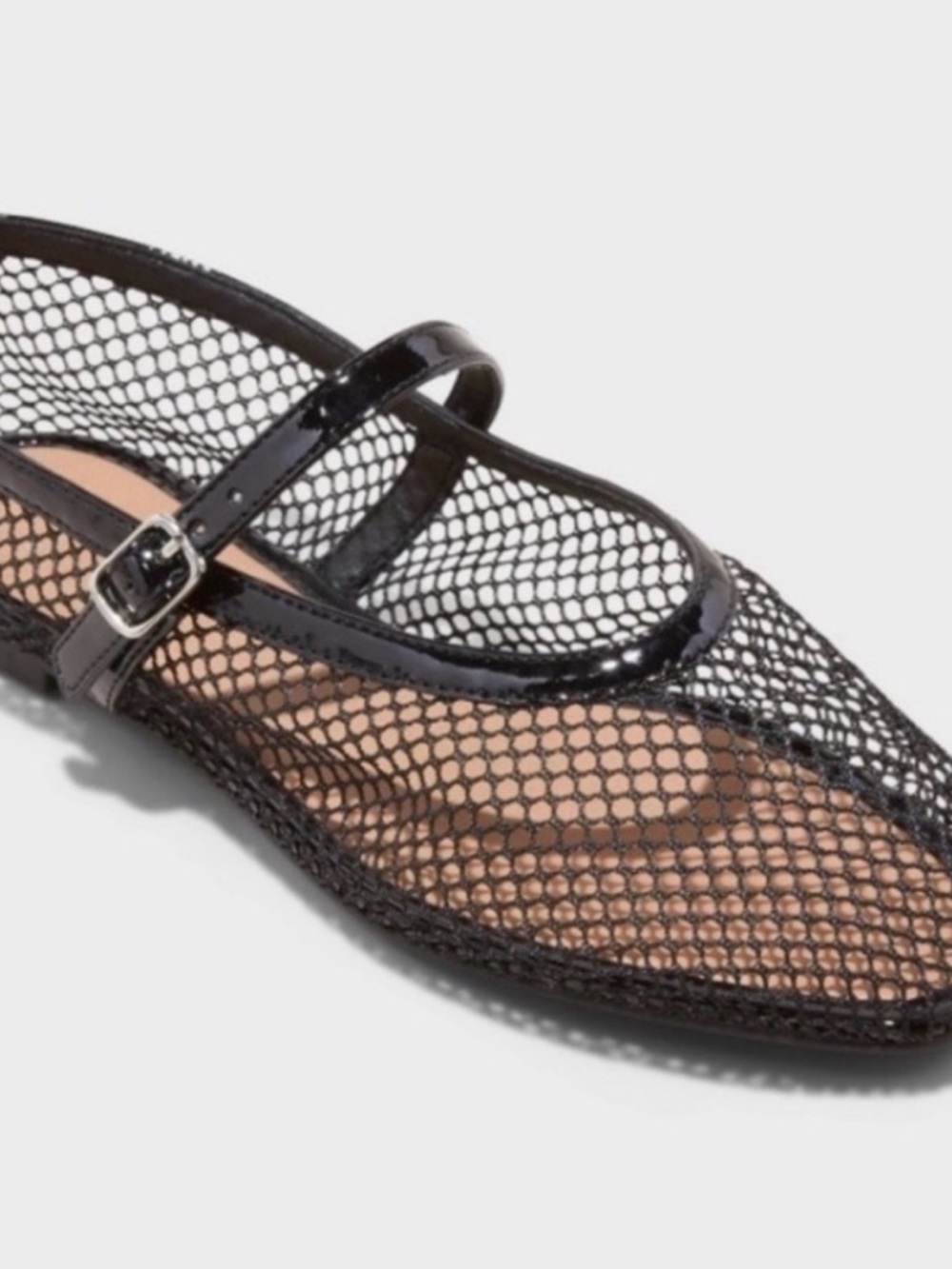 Black Mesh Mary Jane Flat with Patent Strap
